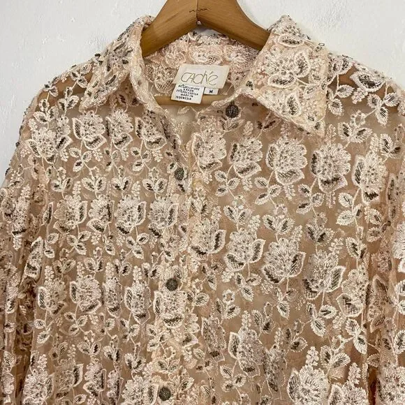 Cache Top Blouse Womens Size Medium Ivory Beaded Lace Floral Heavy - Picture 5 of 13